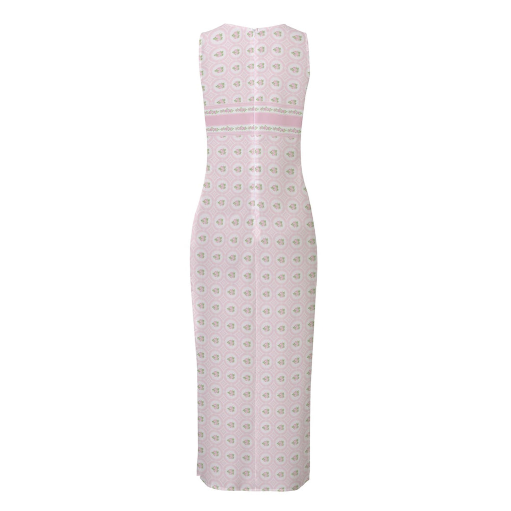 Pastel Pink Floral Retro Chiffon Maxi Dress
